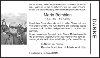 Traueranzeige von Mario Bombien von Siegener Zeitung