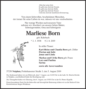Traueranzeige von Marliese Born von Siegener Zeitung