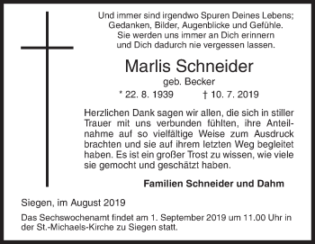 Traueranzeige von Marlis Schneider von Siegener Zeitung
