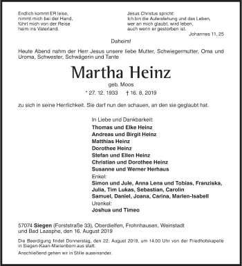Traueranzeige von Martha Heinz von Siegener Zeitung