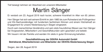 Traueranzeige von Martin Sänger von Siegener Zeitung