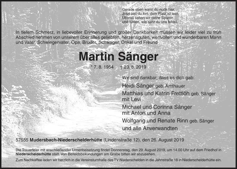  Traueranzeige für Martin Sänger vom 26.08.2019 aus Siegener Zeitung