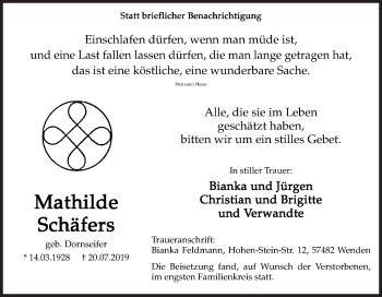 Traueranzeige von Mathilde Schäfers von Siegener Zeitung