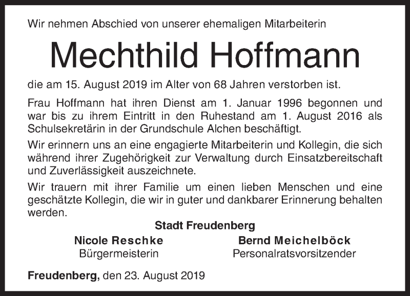  Traueranzeige für Mechthild Hoffmann vom 23.08.2019 aus Siegener Zeitung