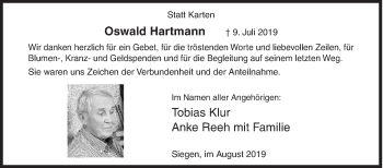 Traueranzeige von Oswald Hartmann von Siegener Zeitung