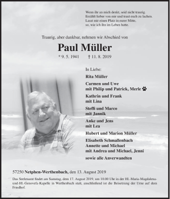 Traueranzeige von Paul Müller von Siegener Zeitung