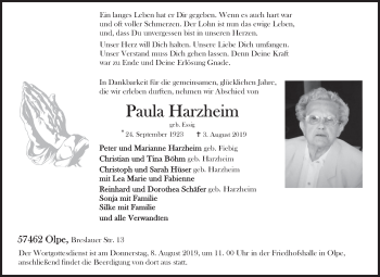 Traueranzeige von Paula Harzheim von Siegener Zeitung