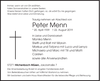 Traueranzeige von Peter Menn von Siegener Zeitung