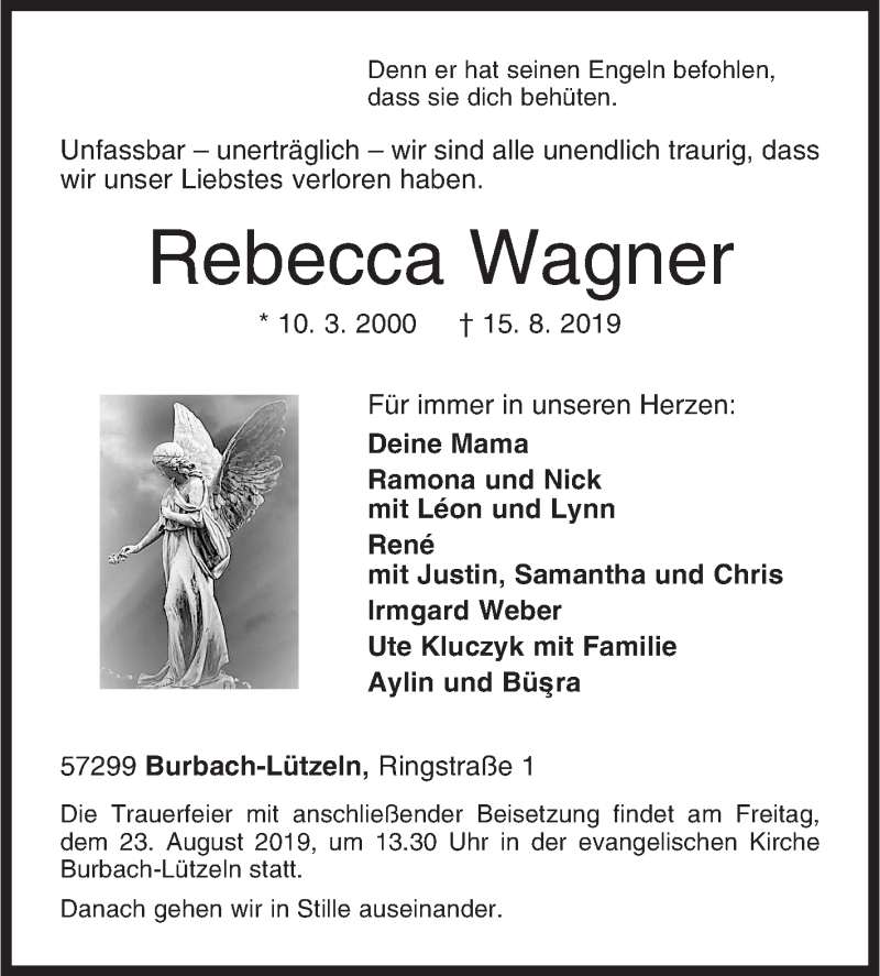  Traueranzeige für Rebecca Wagner vom 20.08.2019 aus Siegener Zeitung