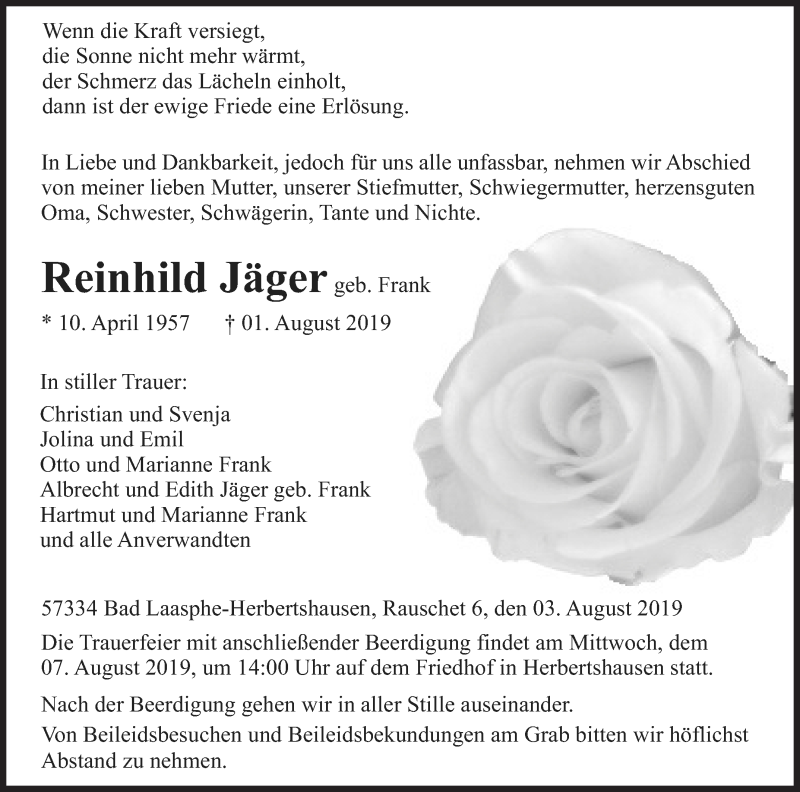  Traueranzeige für Reinhild Jäger vom 03.08.2019 aus Siegener Zeitung