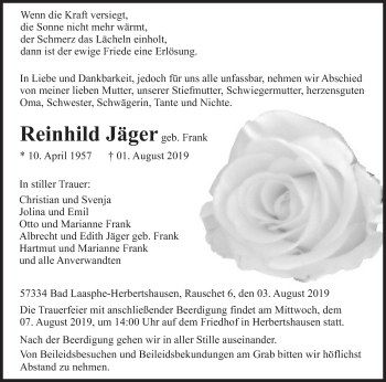 Traueranzeige von Reinhild Jäger von Siegener Zeitung