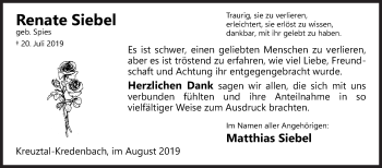 Traueranzeige von Renate Siebel von Siegener Zeitung