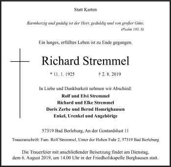 Traueranzeige von Richard Stremmel von Siegener Zeitung