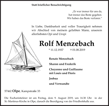 Traueranzeige von Rolf Menzebach von Siegener Zeitung