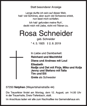 Traueranzeige von Rosa Schneider von Siegener Zeitung