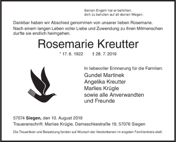 Traueranzeige von Rosemarie Kreutter von Siegener Zeitung