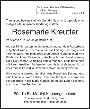 Traueranzeige von Rosemarie Kreutter von Siegener Zeitung