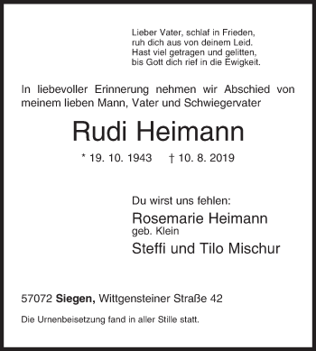 Traueranzeige von Rudi Heimann von Siegener Zeitung