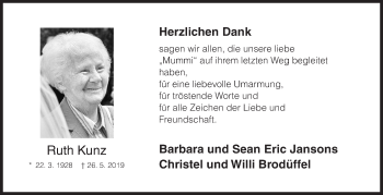 Traueranzeige von Ruth Kunz von Siegener Zeitung
