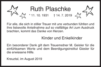 Traueranzeige von Ruth Plaschke von Siegener Zeitung