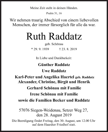Traueranzeige von Ruth Raddatz von Siegener Zeitung