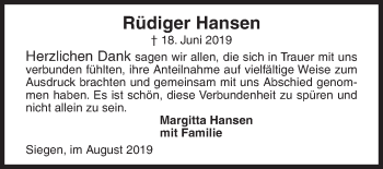 Traueranzeige von Rüdiger Hansen von Siegener Zeitung