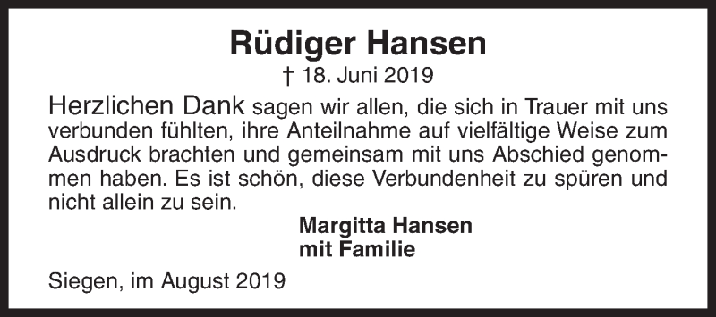  Traueranzeige für Rüdiger Hansen vom 03.08.2019 aus Siegener Zeitung