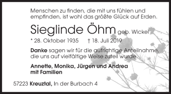 Traueranzeige von Sieglinde Öhm von Siegener Zeitung