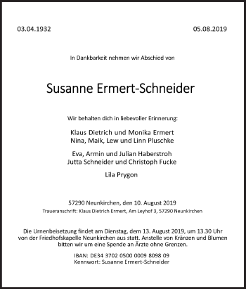 Traueranzeige von Susanne Ermert-Schneider von Siegener Zeitung