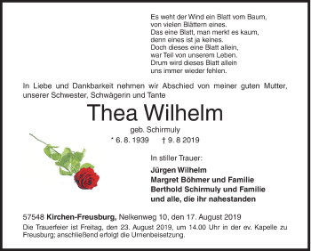 Traueranzeige von Thea Wilhelm von Siegener Zeitung
