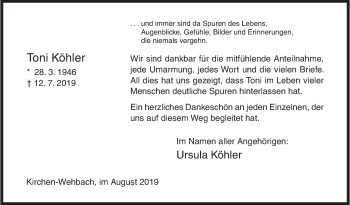 Traueranzeige von Toni Köhler von Siegener Zeitung
