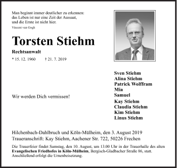 Traueranzeige von Torsten Stiehm von Siegener Zeitung