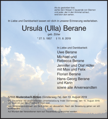 Traueranzeige von Ursula  Berane von Siegener Zeitung