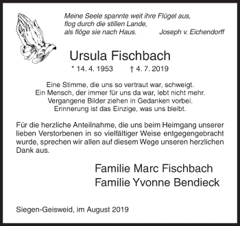 Traueranzeige von Ursula Fischbach von Siegener Zeitung