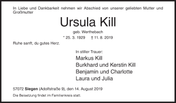 Traueranzeige von Ursula Kill von Siegener Zeitung