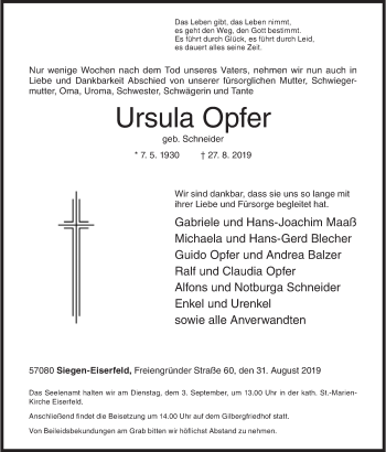 Traueranzeige von Ursula Opfer von Siegener Zeitung