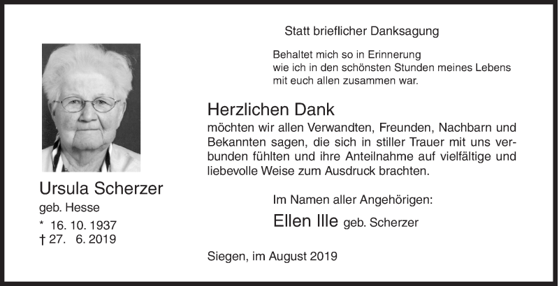  Traueranzeige für Ursula Scherzer vom 10.08.2019 aus Siegener Zeitung