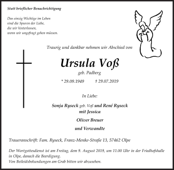 Traueranzeige von Ursula Voß von Siegener Zeitung
