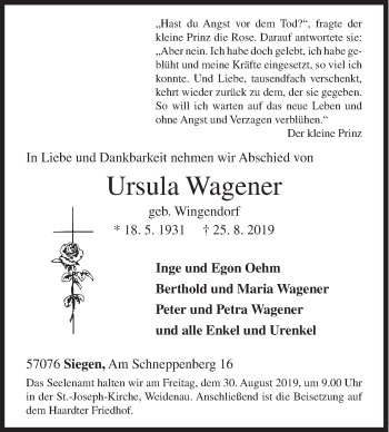 Traueranzeige von Ursula Wagener von Siegener Zeitung
