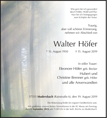 Traueranzeige von Walter Höfer von Siegener Zeitung