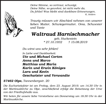 Traueranzeige von Waltraud Harnischmacher von Siegener Zeitung