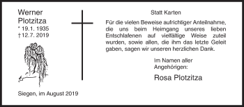 Traueranzeige von Werner Plotzitza von Siegener Zeitung