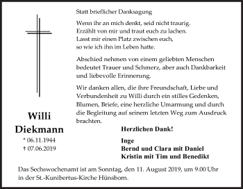 Traueranzeige von Willi Diekmann von Siegener Zeitung