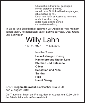 Traueranzeige von Willy Lahn von Siegener Zeitung