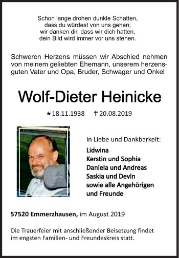 Traueranzeige von Wolf-Dieter Heinicke von Siegener Zeitung