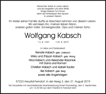 Traueranzeige von Wolfgang Kabsch von Siegener Zeitung