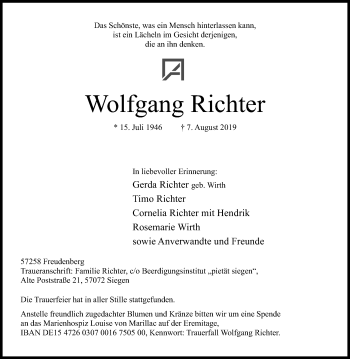 Traueranzeige von Wolfgang Richter von Siegener Zeitung