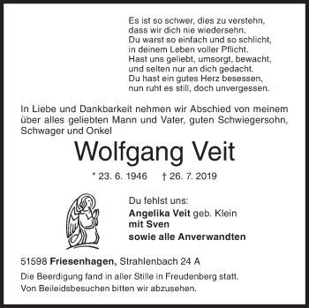 Traueranzeige von Wolfgang Veit von Siegener Zeitung