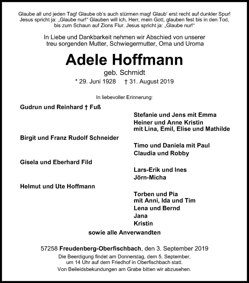  Traueranzeige für Adele Hoffmann vom 03.09.2019 aus Siegener Zeitung