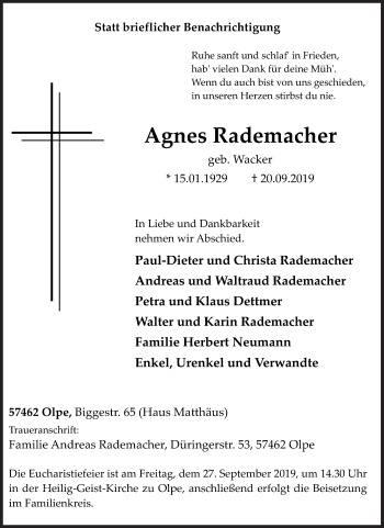 Traueranzeige von Agnes Rademacher von Siegener Zeitung